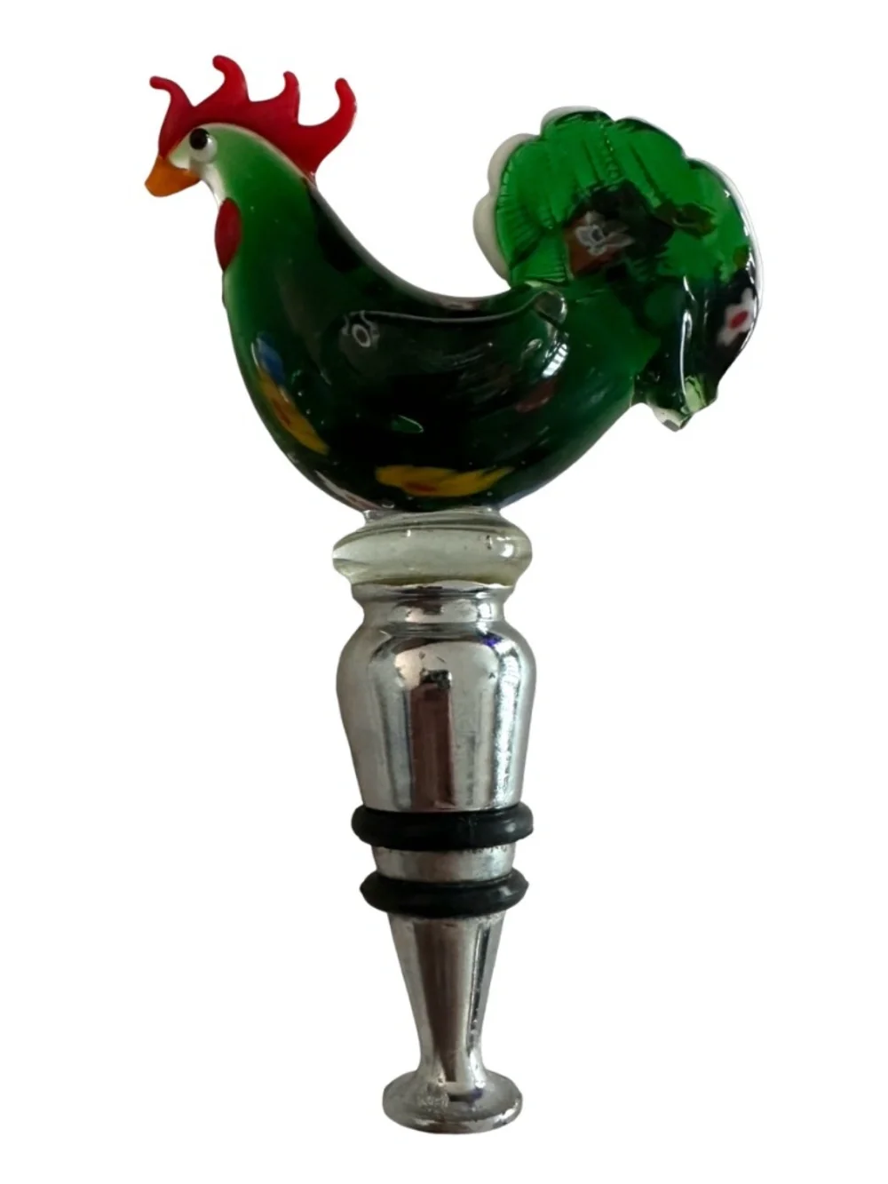 Hand-blown Green Art Glass Rooster Wine Bottle Stopper